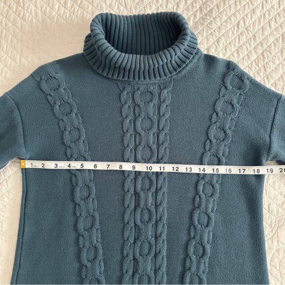 LL Bean Cable Knit Turtleneck Sweater Pullover Thick Cotton Fisherman Teal - Picture 3 of 10